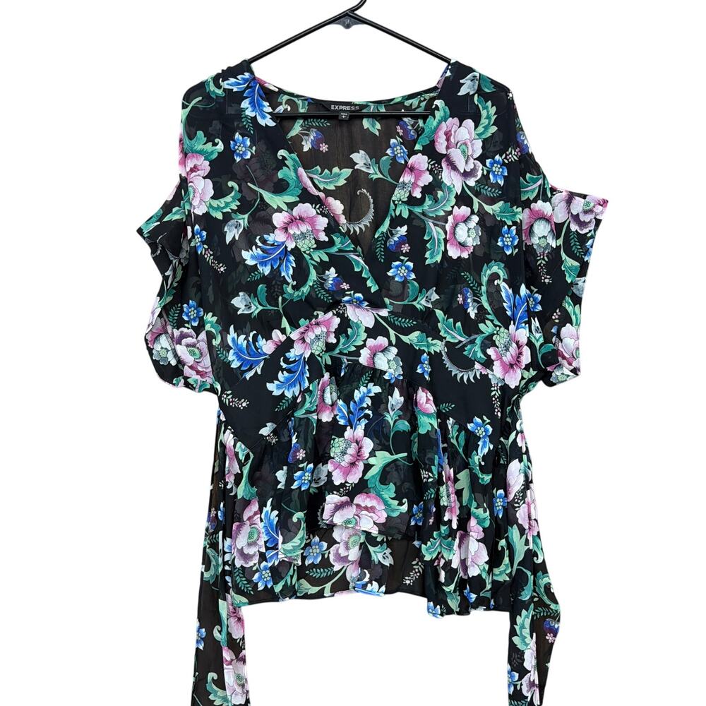 Express Women Blouse Black Sheer Floral Short Sleeve V Neck Peplum Belted Large